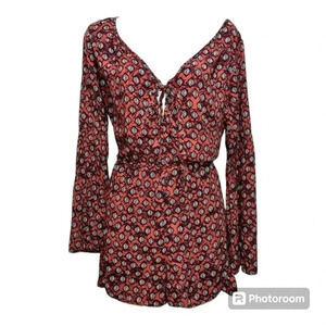 XHILARATION Romper Womens Frill Long  Sleeve Burgundy Abstract Floral